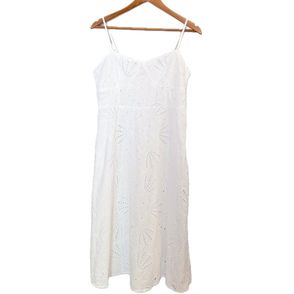 LOFT | White Shell Eyelet Midi Dress Spaghetti Straps | Size 10P - Picture 4 of 14